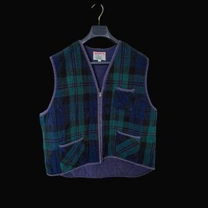 Vintage 70's Adirondack Plaid Blend Quilted Lined Zip Front Vest Green Navy XL